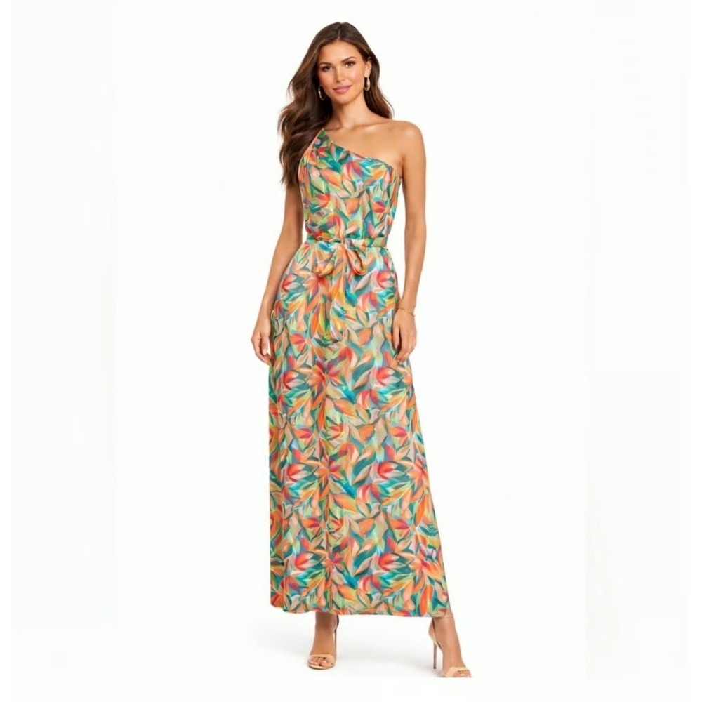 Nicole Miller New York One Shoulder Maxi Dress Tropical Leaf Print Orange Teal 4